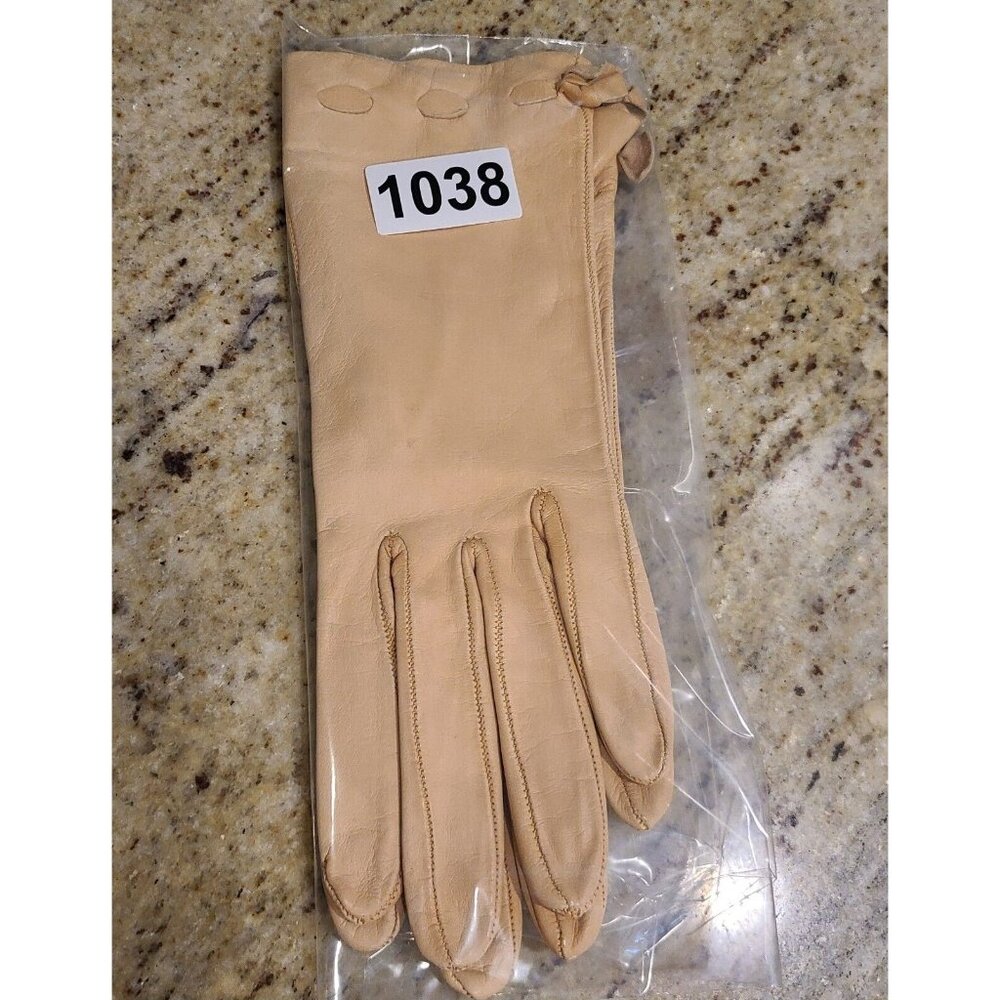 Vintage Size S Pumpkin Beige Soft Leather Formal 9" Gloves Wrist Weave Bow - Picture 15 of 15